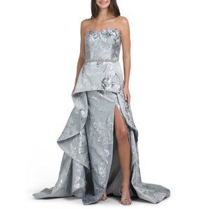 TERANI COUTURE Silver Strapless 3d Floral Gown